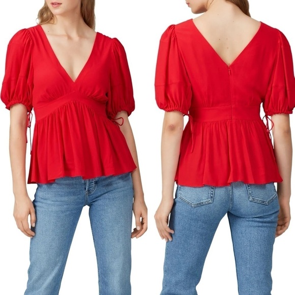 Proenza Schouler Red Puff Sleeve Tie Top - Picture 1 of 9